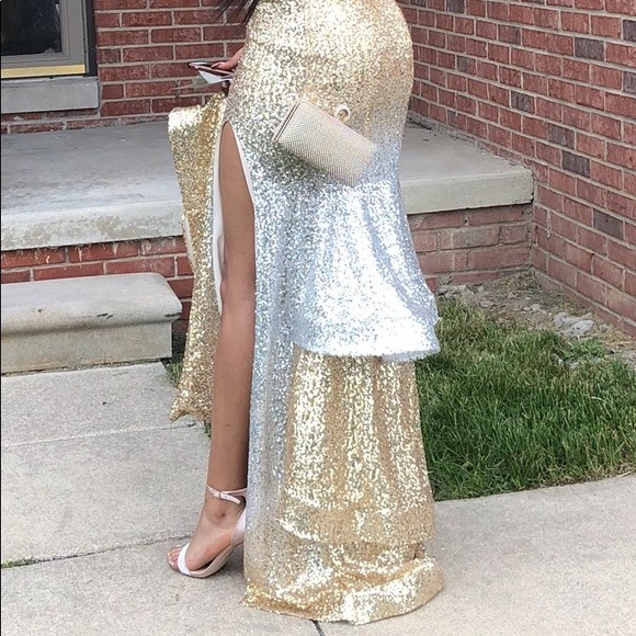 Gold/silver mid split prom dress - Picture 2 of 5